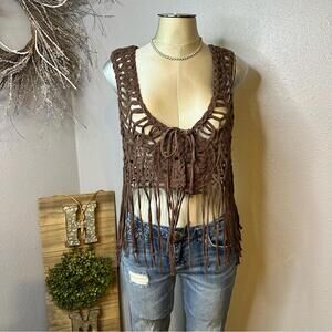 Vintage Y2K Boho Chic Brown Crochet Fringe Tank Top